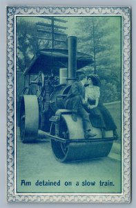 SLOW TRAIN ROMANTIC COMIC ANTIQUE POSTCARD