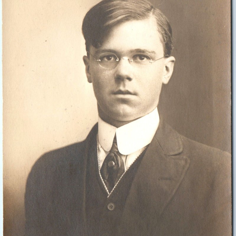 c1910s Muncie, Ind Handsome Young Man RPPC Glasses Real Photo PC Name Glenn A122