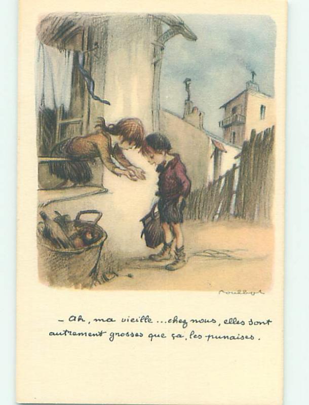 Unused Pre-Linen foreign signed FRENCH GIRL REACHES OF THE WINDOW TO BOY J4833