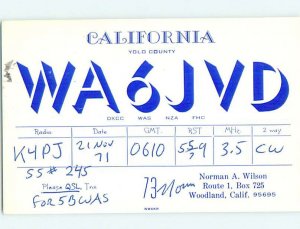 Pre-1980 RADIO CARD - CB HAM OR QSL Woodland - Near Sacramento CA AH2154