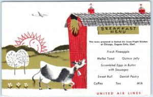 UNITED AIRLINES Air Lines   BREAKFAST MENU  Cow, Barn, Sun   c1950s  Postcard