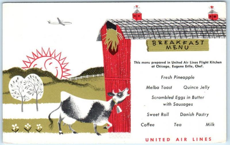 UNITED AIRLINES Air Lines   BREAKFAST MENU  Cow, Barn, Sun   c1950s  Postcard