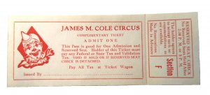 James M Cole Circus Vintage Unused Ticket 1950's Traveling Amusement Acts Event