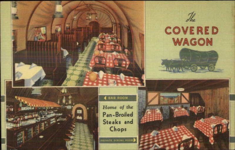 Chicago IL Michigan Ave at Cermak Covered Wagon Restaurant Linen Postcard