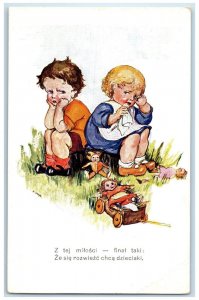 c1930's Children Fighting Doll Wagon Toy Polish Divorce Vintage Postcard