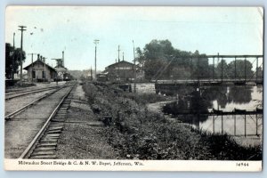 Jefferson Wisconsin Postcard Milwaukee Street Bridge C & N W Depot 1918 Vintage