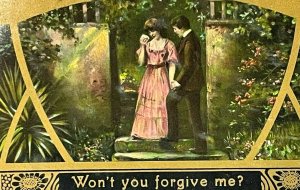 Vintage German Postcard Won't you Forgive me? Couple Woman Cheating Sin Gold