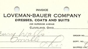 1938 LOVEMAN-BAUER CO. CLEVELAND OH DRESSES COATS SUITS BILLHEAD INVOICE Z1187