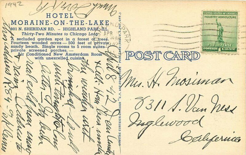 Hotel Moraine On the Lake Highland Park Illinois 1942 Postcard Teich linen 9065