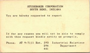 Postal Card IN South Bend Studebaker Corporation Request to Report 1940s H3