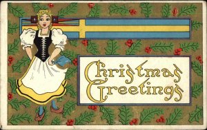 Christmas - Art Deco Pretty Girl & Holly Flag of Sweden c1910 Postcard
