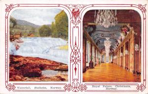 STALHEIM NORWAY WATERFALL & CHRISTIANIA ROYAL PALACE~DECO BORDER POSTCARD 1910s