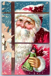 Christmas Postcard Greetings Santa Claus With Doll On Window Snow Winter Tuck