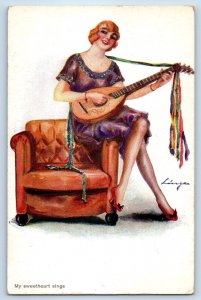 c1910's Pretty Woman Playing Mandolin My Sweetheart Sings Antique Postcard