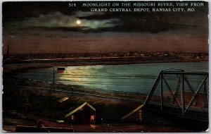 Kansas City Missouri MO, Moonlight Missouri River Grand Central Depot, Postcard