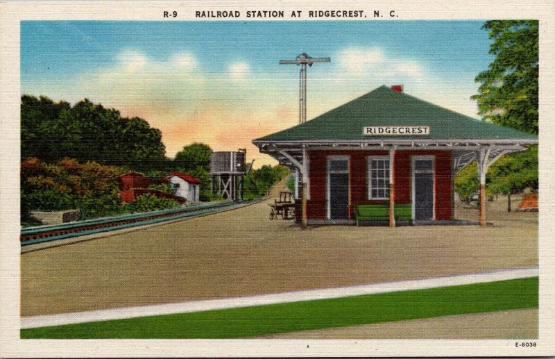 Linen Postcard Railroad Train Station in Ridgecrest, North Carolina~138414