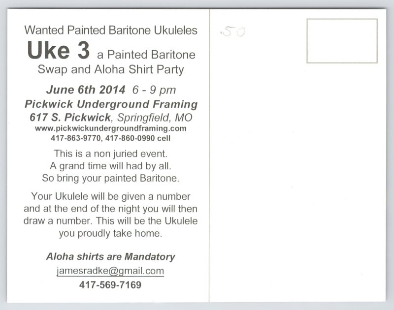 Adv~Springfield MO~Uke 3 Party~Wanted Painted Baritone Ukuleles~Continental PC