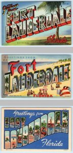 3 Large Letter Linens FORT LAUDERDALE, Florida FL ~ Curteich ca 1940s Postcards