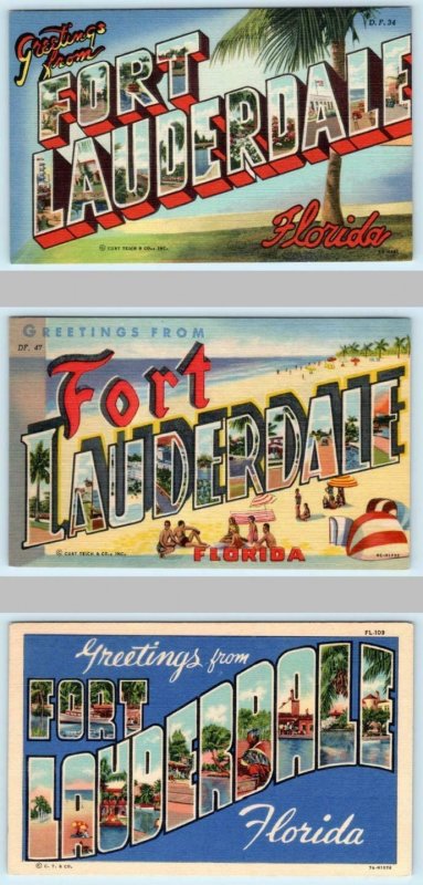 3 Large Letter Linens FORT LAUDERDALE, Florida FL ~ Curteich ca 1940s Postcards