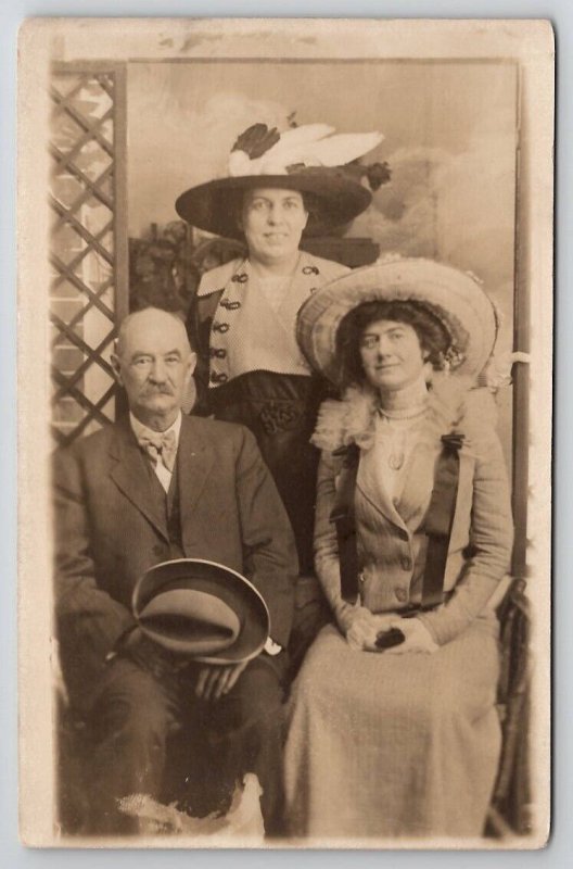 RPPC Two Lovely Ladies Large Hats And Gentleman Posing For Photo Postcard Y28