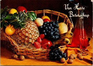 VINTAGE CONTINENTAL SIZE POSTCARD FRUIT BASKET AND WINE OF SURINAM 1970s