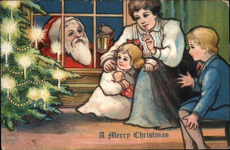 Christmas Mother Children Santa Claus at Window c1910 Postcard 