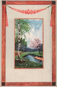 Circa 1907-15 Wood Frame Border Country Creek and Flowering Trees Postcard