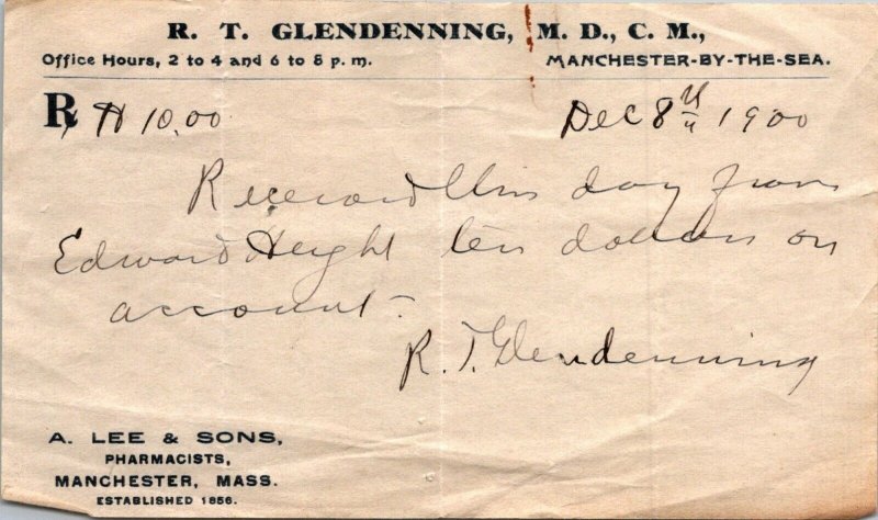 Dr RT Glendenning Manchester-by-the-Sea MA receipt on Rx pad Edward Height 1900