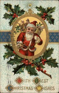 Christmas Santa Claus Jester Doll Toy Horse Holly Border c1910 Vintage Postcard