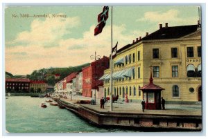 c1910 Arendal Norway Antique Unposted Buildings Flag Boat Landing Postcard