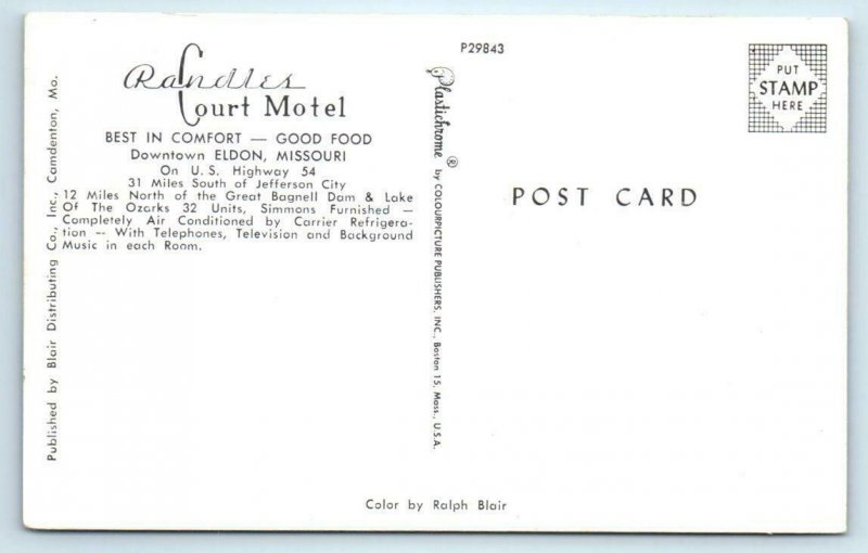 ELDON, Missouri MO ~ Roadside RANDLES COURT MOTEL c1960s Miller County  Postcard