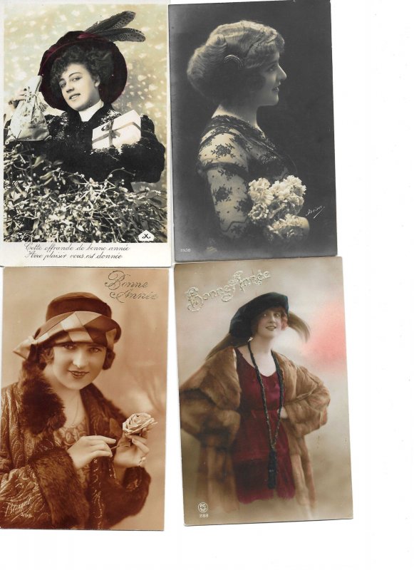 Pretty ladies. Lot of 4 Old vintageFrench romantic  postcards 1900-1920s