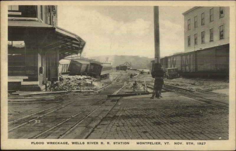 Montpelier VT 1927 Flood Wells River RR Train Station Depot Postcard