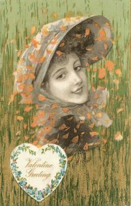 Postcard C-1910 Pretty Woman hat Valentine greeting 23-2750