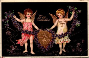 Cherub Children Flower Garland Valentine Gold Gel Postcard 1911 to Stanford Hall