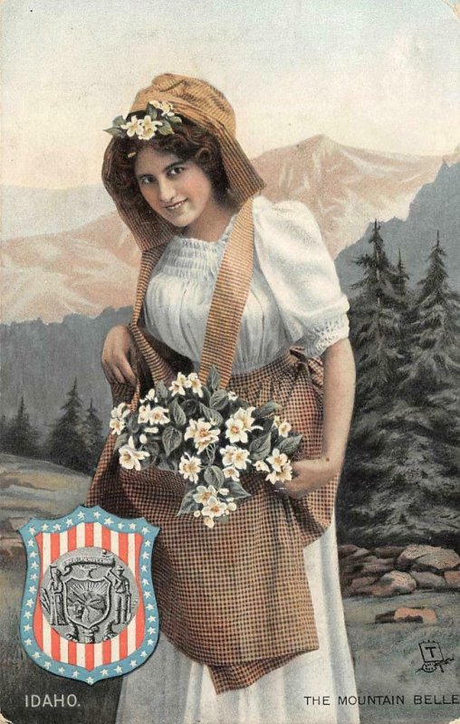 IDAHO The Mountain Belle Woman & Flowers, State Seal c1910s Vintage Postcard