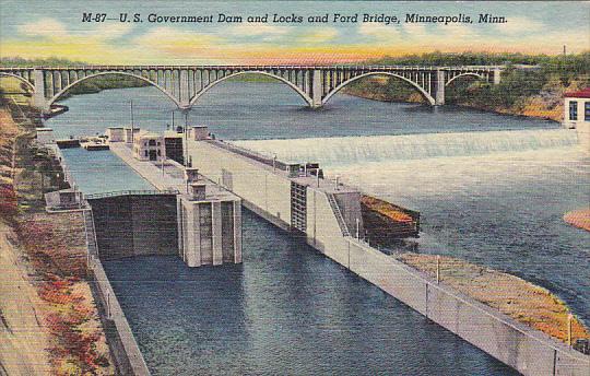 U S Government Dam and Locks and Ford Bridge Minneapolis Minnesota Curteich