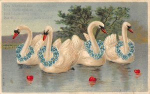 US3436 Birds Swan on Lake, Hearts Vogel Postcard Greeting heart love embossed