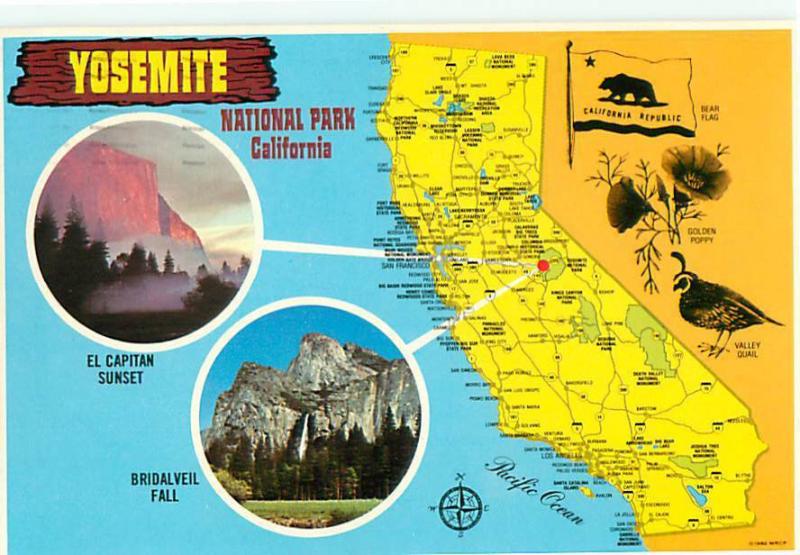 Yosemite Park Map California El Capitan Sunset Bridal Veil Fal  Postcard  # 7891