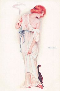 L468 Glamour Suzanne Meunier Lady who smoke nude risque vintage postcard