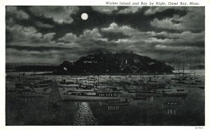 Vintage Postcard Wicket Island & Bay by Night Onset Bay Massachusetts MA