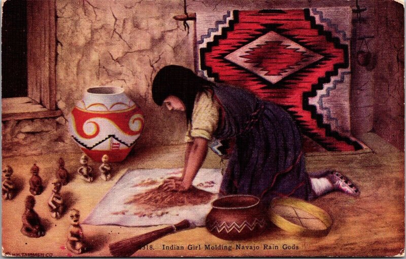 Linen Postcard Indian Girl Molding Navajo Rain Gods~138904