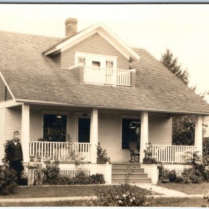 c1910s Bungalow Porch RPPC Cottage House Family Photo Touring Car Ford? A155