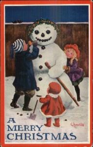 Christmas - Kids Decorate Snowman Bernhardt Wall c1910 Postcard