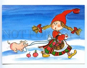 221778 FINLAND NEW YEAR gnome girl w/ PIG Old RPPC