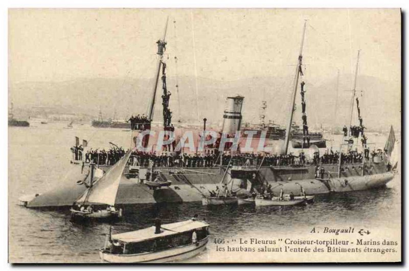 Postcard Old Boat Fleurus cruiser destroyer sailors in the shrouds welcoming ...