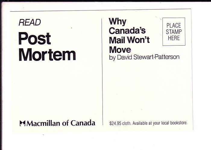 Post Mortem, Canada's Mail Won't, David Stewart-Patterson Advertising Postcard,