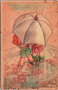 Artist Signed K.L. Links Children under an Umbrella Rain Vintage Postcard C220