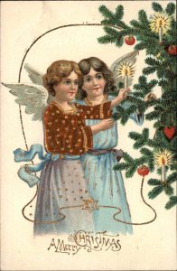 Christmas Little Girl Angels Embossed Gilt c1910 Vintage Postcard