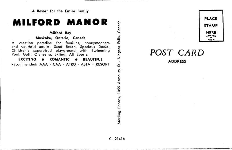 Milford Manor Resert Milford Bay Muskoka Ontario Vintage Postcard H06